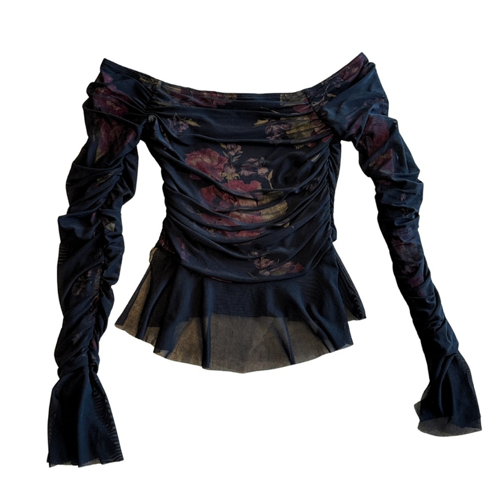 Chic Floral Off-Shoulder Ruched Long-Sleeve